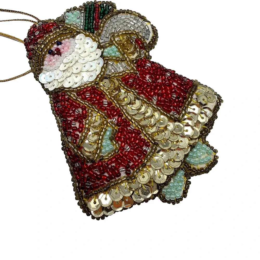 Vintage Handmade Beaded Sequin Santa Claus Christmas Tree Ornament 4